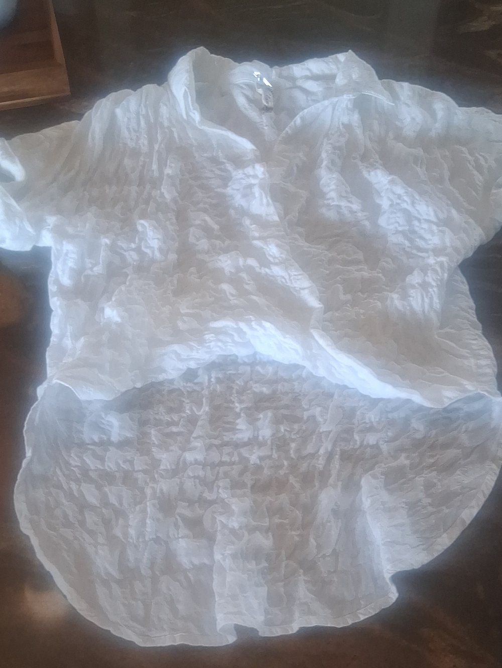 Elan Soft White Ruffled Neck Blouse, high/low, Size Small
